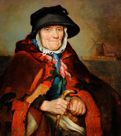 Portrait of an older woman staring straight out at the artist. She is wearing a red cloak and black hat and holding a wooden crock stick.