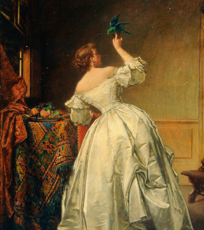 Painting of a woman facing away from the artist wearing an ornate white off the shoulder dress with wide skirts. She is holding her right arm up and a green bird is perched on it.