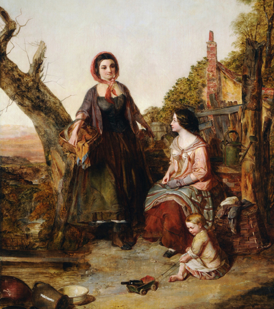 Oil painting of three figures in a rural setting with a brick cottage in the background. One female figure is standing holding a basket in her right hand, another female figure is sitting and seems to be mending. A small child is playing with a toy cart