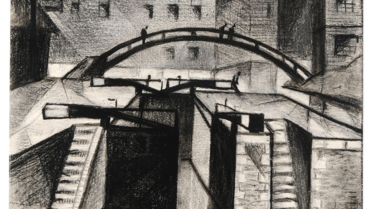 A black-and-white sketch of an urban canal with multiple stairways, a footbridge crossing over the water, and tall buildings in the background. The word "CUBEYS" appears on one of the buildings.