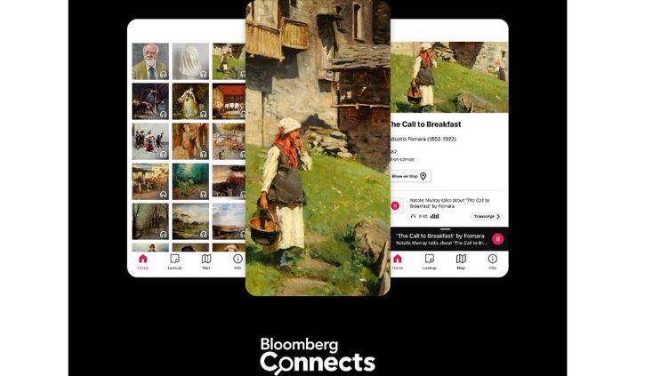 A digital collage displaying various classical paintings on a tablet screen. The central painting features a woman in traditional attire carrying a basket in front of an old house.