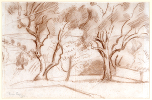 A sepia-toned sketch depicts a group of trees with sweeping, curved lines, suggesting movement in their branches. The background includes hilly landscapes and faintly drawn additional trees.