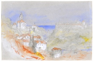A soft pastel drawing of a hillside village with red-roofed buildings, a church tower, and distant castle, set against a hazy blue sky and surrounded by gentle, rolling landscape.