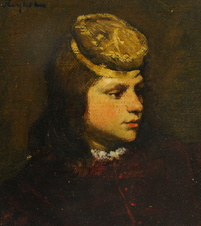 Profile head of a boy looking to the right of the viewer. He is wearing a round hat and has long brown hair.