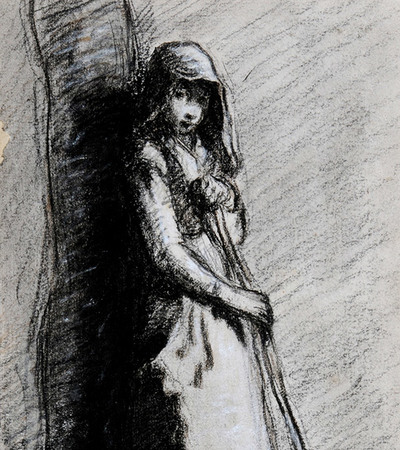 Sketch of a shepherdess leaning against a tree and looking at the artist. She is holding a crock.