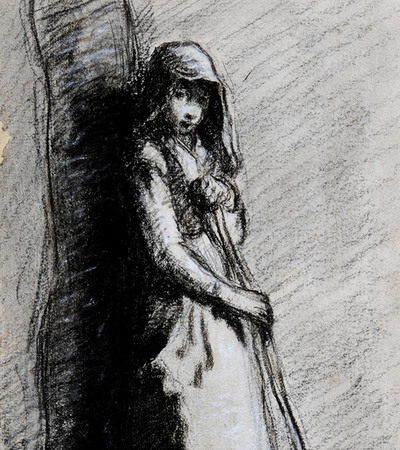 Sketch of a shepherdess leaning against a tree and looking at the artist. She is holding a crock.