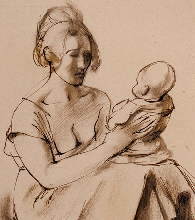 Sketch of a woman sitting down holding a baby on her knee and looking into its face. Her expression is melancholy.