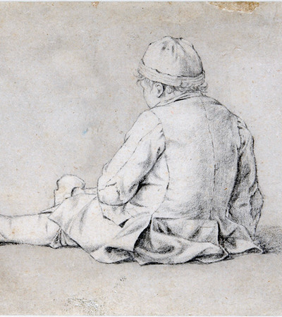 Sketch of a young child sitting on the ground with their back to the artist, wearing a hat and jacket.