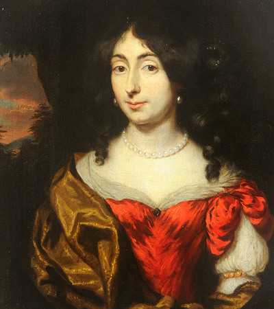 Portrait of a woman looking straight at the artist. She has black wavy hair and is wearing a red silk dress with a brown cloak. She has pearls round her neck.