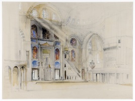 A detailed architectural drawing of a grand church interior, featuring arched windows, colorful stained glass, intricate columns, and ornate decorations, with soft light streaming through upper windows.