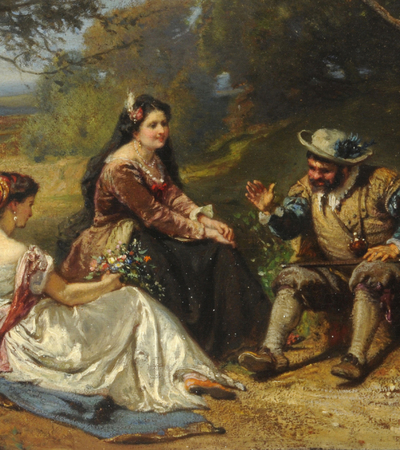 Oil painting of a group of three figures in a rural setting. There is a male figure to the right and the figures to the centre and left are female. They are all dressed in a romanticised version of seventeenth century dress.