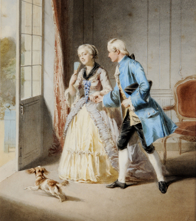 a male and female figure both dressed in 18th century clothes. The lady is wearing a cream dress with blue ribbons.The gentleman is wearing a blue frock coat with black breeches and a gold waistcoat. A small spaniel dog is running towards an open door.
