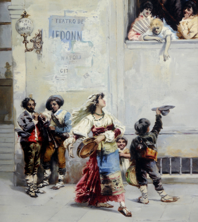 Oil painting of a street scene outside a building named as the 'Hotel de Naples'. A group of figures are leaning out of the window to watch a group of children dancing and playing instruments.