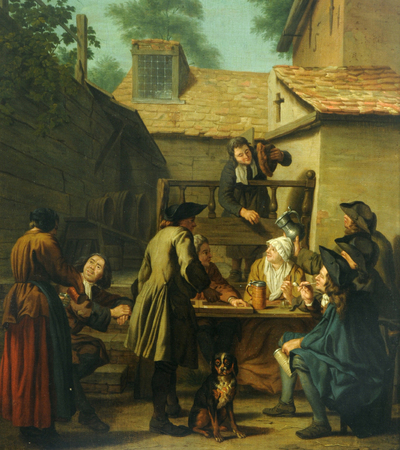 The majority of the figures are male and have tankards and pipes. There is one female seated at the table and another seen from the rear serving drinks. The figures are largely engaged in conversation. There is a seated dog under the table.