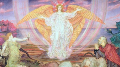 A winged, radiant angel stands with open arms, surrounded by colorful rays. Two people kneel in awe amidst a vivid landscape with mythical creatures. The sea and sky form the backdrop, creating an ethereal atmosphere.