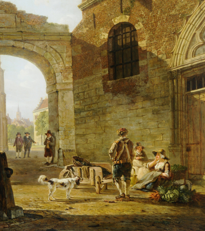 Oil painting of a street scene framed by a building with an arch way. Seated to the right are two ladies selling vegetables, the oyster seller has his wares in his barrow.