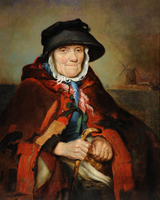 An elderly woman in a bonnet and black hat sits holding a cane, wrapped in a red patterned shawl. The background features a windmill and a cloudy sky.