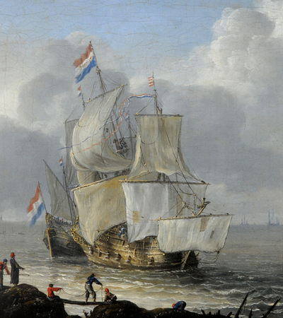 A boat with a French flag coming into harbour. It is medieval looking with numerous white sales. People are waiting at the dock with ropes to help it moor.