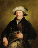 An elderly man in old-fashioned clothing and a wide-brimmed hat sits holding a glass drink. He wears a dark coat and looks calmly at the viewer. The background is a warm, muted yellow-brown.