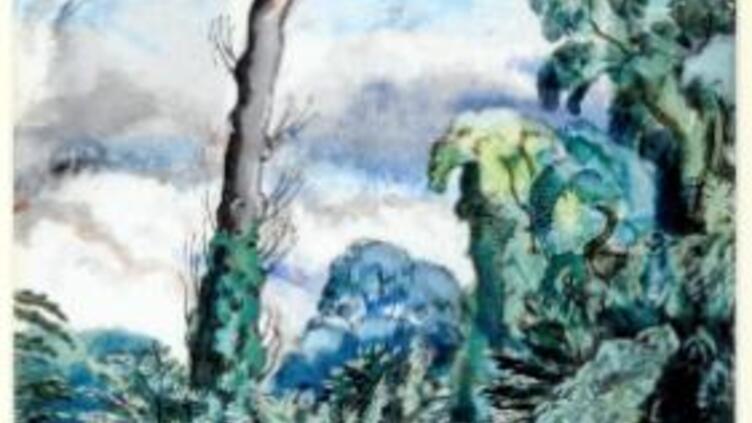 A colorful, impressionistic painting of a landscape with tall, vibrant trees, lush greenery, and a dramatic cloudy sky. Broad brushstrokes and bold lines create a dynamic, textured scene.