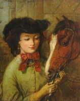A young woman in a black hat with a red bow and green dress gently holds a brown horse’s head, looking down softly, in a classical-style painting with warm, muted colors.