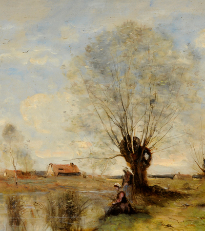 Painting of a woman fishing in a pond next to a tree. There is a house in the background and blue sky with a few white clouds.