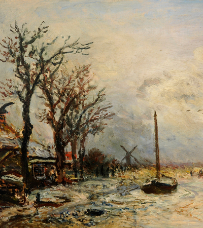 Painting of a frozen river with a house to the left and a windmill in the background. A boat sits to the right of the painting.