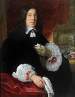 A person with long brown hair in black clothes sits on a red chair, holding gloves. The outfit has white ruffled cuffs with red details. A red curtain and flowers appear in the background. The painting has a classical style.