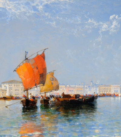 Painting of a harbour with still waters and three boats in it. One is long and thin and has cargo on it, the others have orange sales and a smaller so may be fishing vessels. A city of ornate white buildings is in the background.