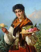 A woman in traditional clothing holds a pink rose in one hand and a woven tray with colorful roses in the other, standing outdoors with greenery and blue sky in the background.