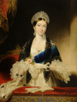 A royal woman in a jeweled tiara and elegant gown sits with a fur stole and flowers. She holds a glove and sits beside an open book on a red and gold table, with a dark draped background.