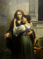 Two women in period clothing stand close together; one looks outward solemnly with an open hand, while the other leans on her shoulder, eyes closed. They are in front of a stone wall and an ornate window.