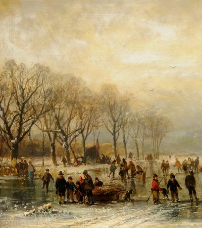 A frozen river with people skating and walking on it. Trees with no leaves are in the background and the sky is grey.