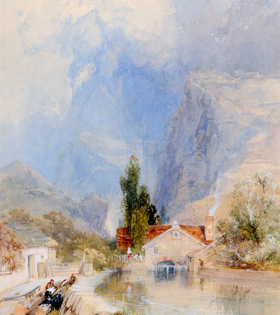 Watercolour mountain scene with hills stretching in the background to the right and left. A house is in the centre in the foreground with trees surrounding it, and people are working in the bottom left corner.