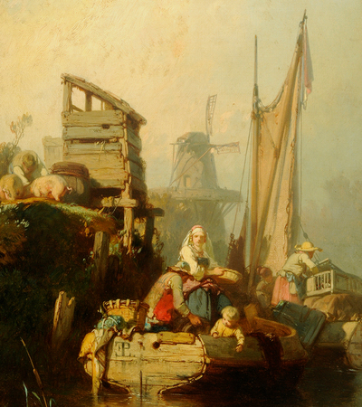 A busy river scene with a boat with a man, woman and child in it. Behind them is a windmill and to the left are buildings and people working on the river bank.