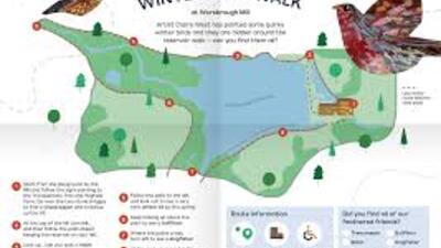 A colorful map titled "Winter Bird Walk," featuring two illustrated birds and a walking route around a reservoir with trees and a lake. It includes numbered points of interest and tips for discovering birds in winter.