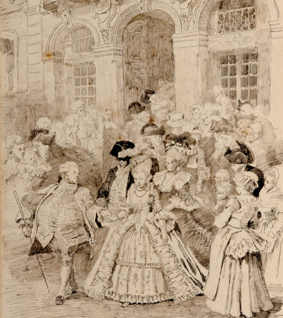 Ink drawing of a street scene with numerous figures in eighteenth century costume processing from a Baroque style building