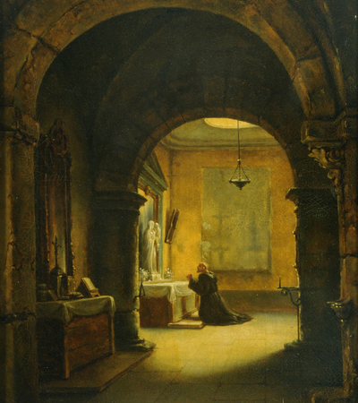 Oil painting of an internal architectural view inside a monastery. A monk kneels to pray in front of an altar showing a figure of the Virgin Mary holding the Christ child