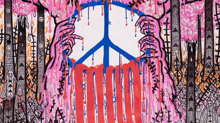 Surreal artwork of large pink hands breaking a blue peace sign in half, with red liquid dripping down onto a chaotic, polluted industrial landscape filled with smokestacks, skulls, and barbed wire.